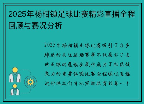 2025年杨柑镇足球比赛精彩直播全程回顾与赛况分析